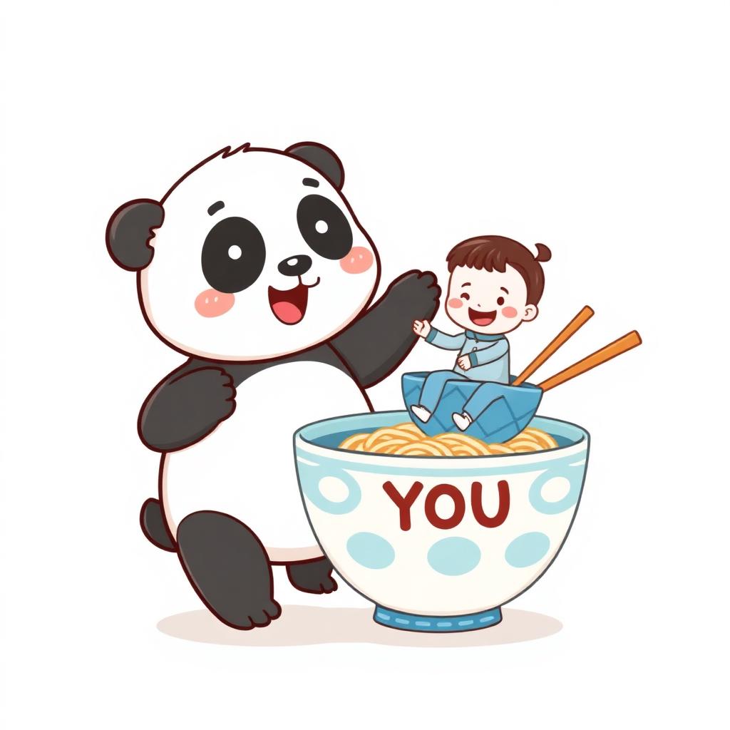 Panda saluant une mini-personne dans un bol de nouilles géant pour le mot toi